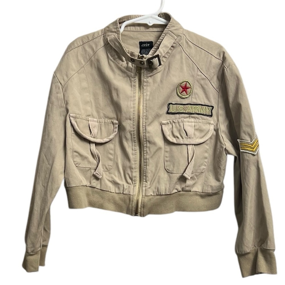 AZIZ Embellished Denim Beige Cropped Military Jacket Large